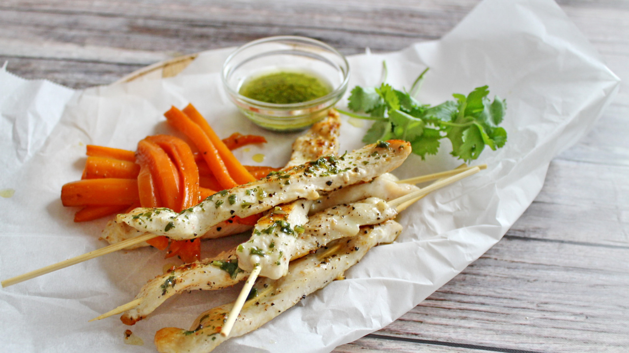 Grilled skewered chicken with herb dip recipe